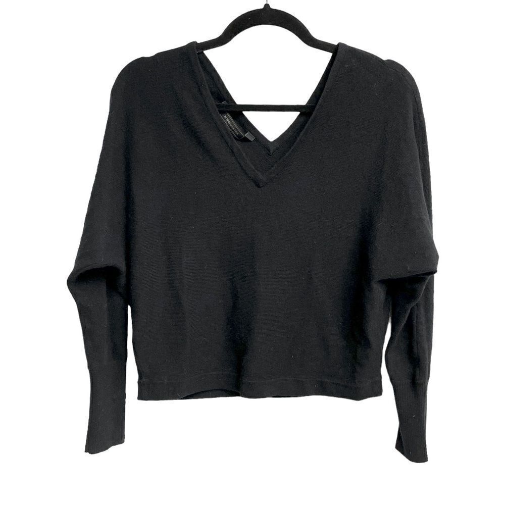 BCBGMAXAZRIA Black Wool Cashmere Double V-Neck Dolman Sleeve Cropped Sweater XXS